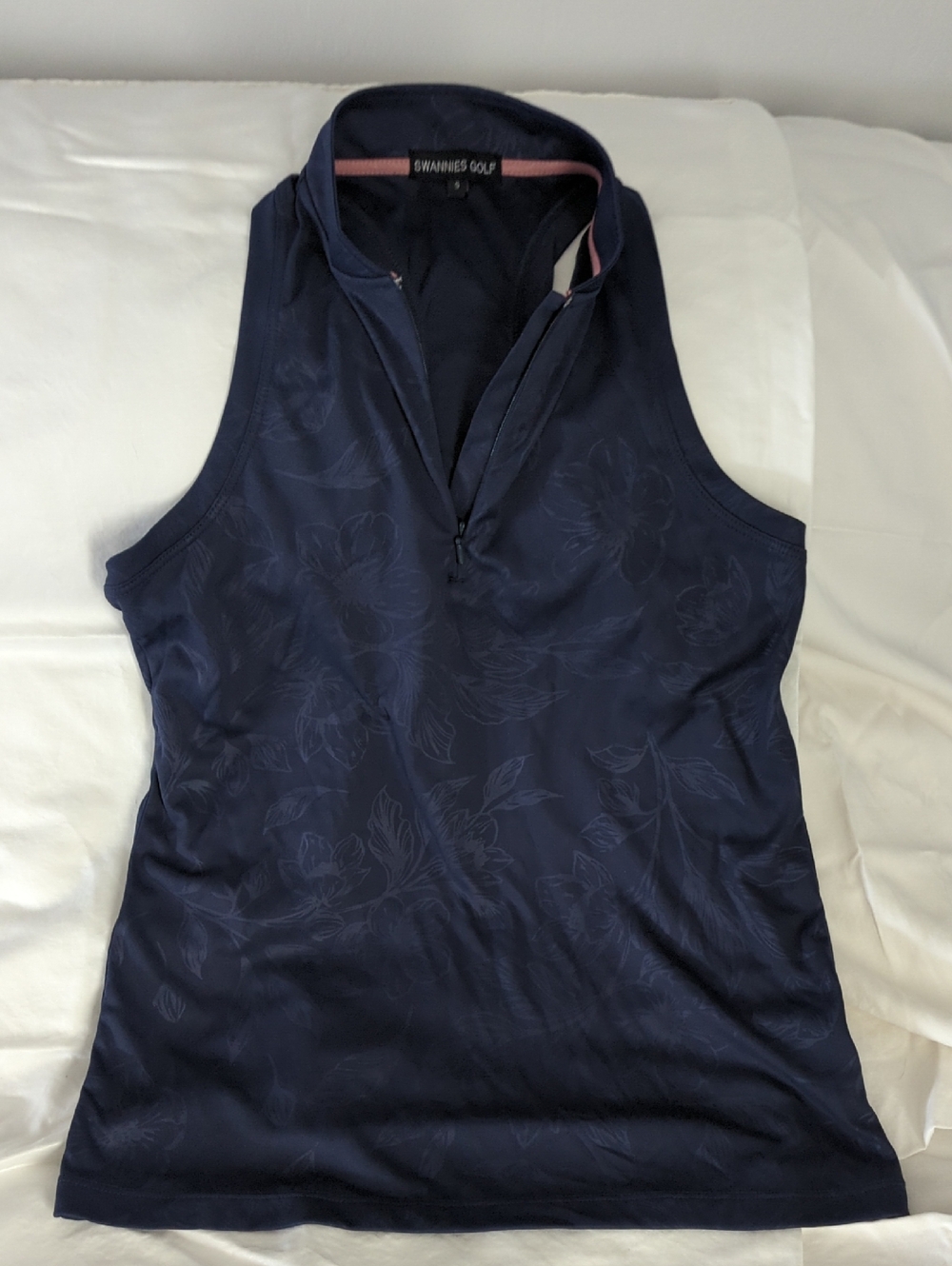 Swannies Golf Nadia Sleeveless Polo - Navy Blue Floral Embossed Half Zip Size S - Picture 3 of 7